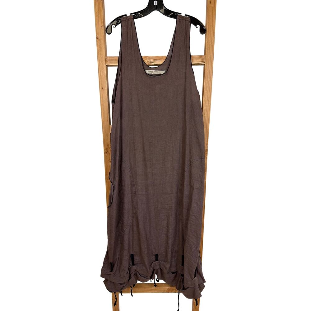 Cynthia Ashby Brown Linen Double Ruffle Pocket Maxi Tank Dress Large USA